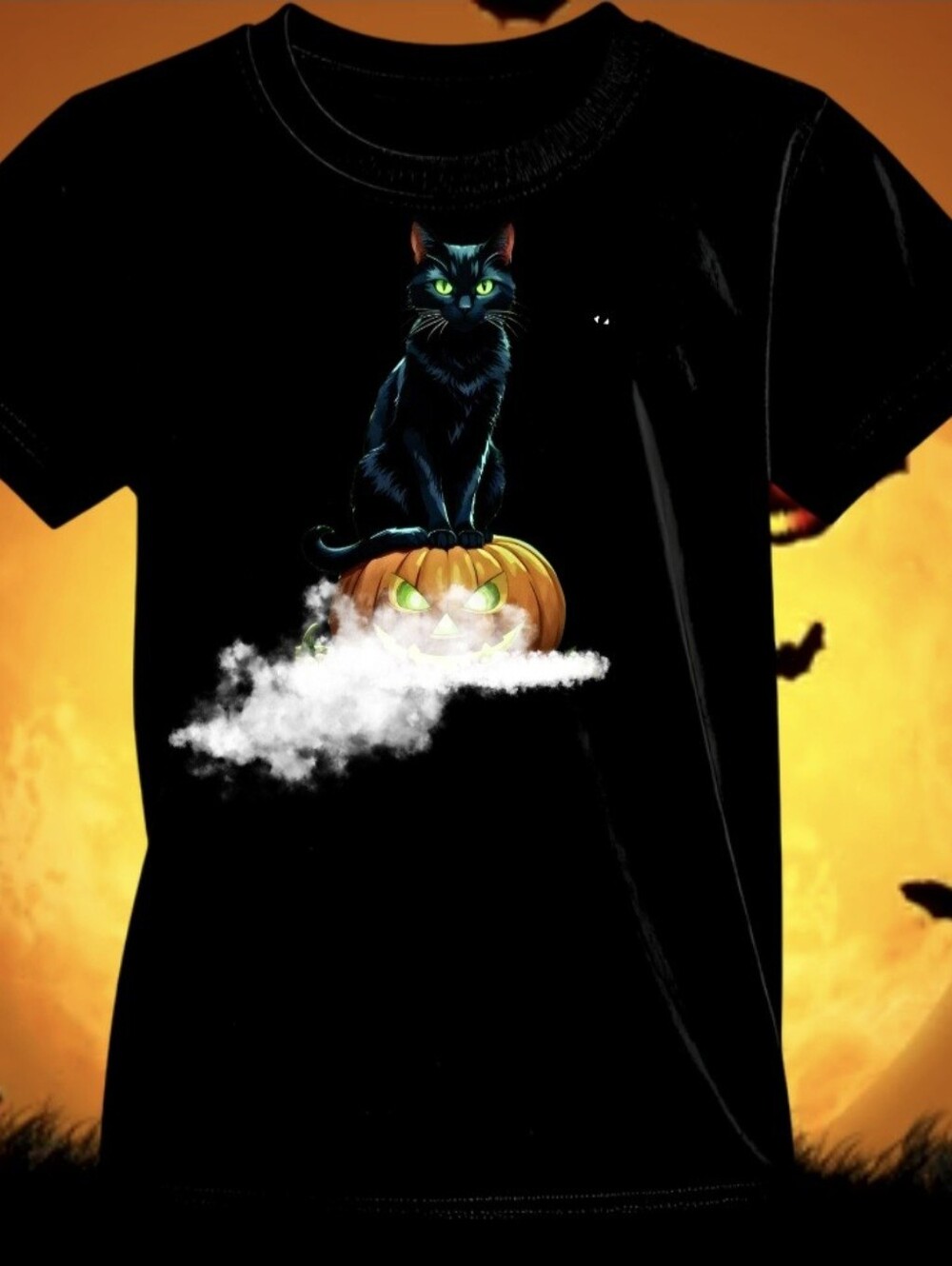 Halloween Black Cat Pumpkin Tee Hand-Placed Crystals